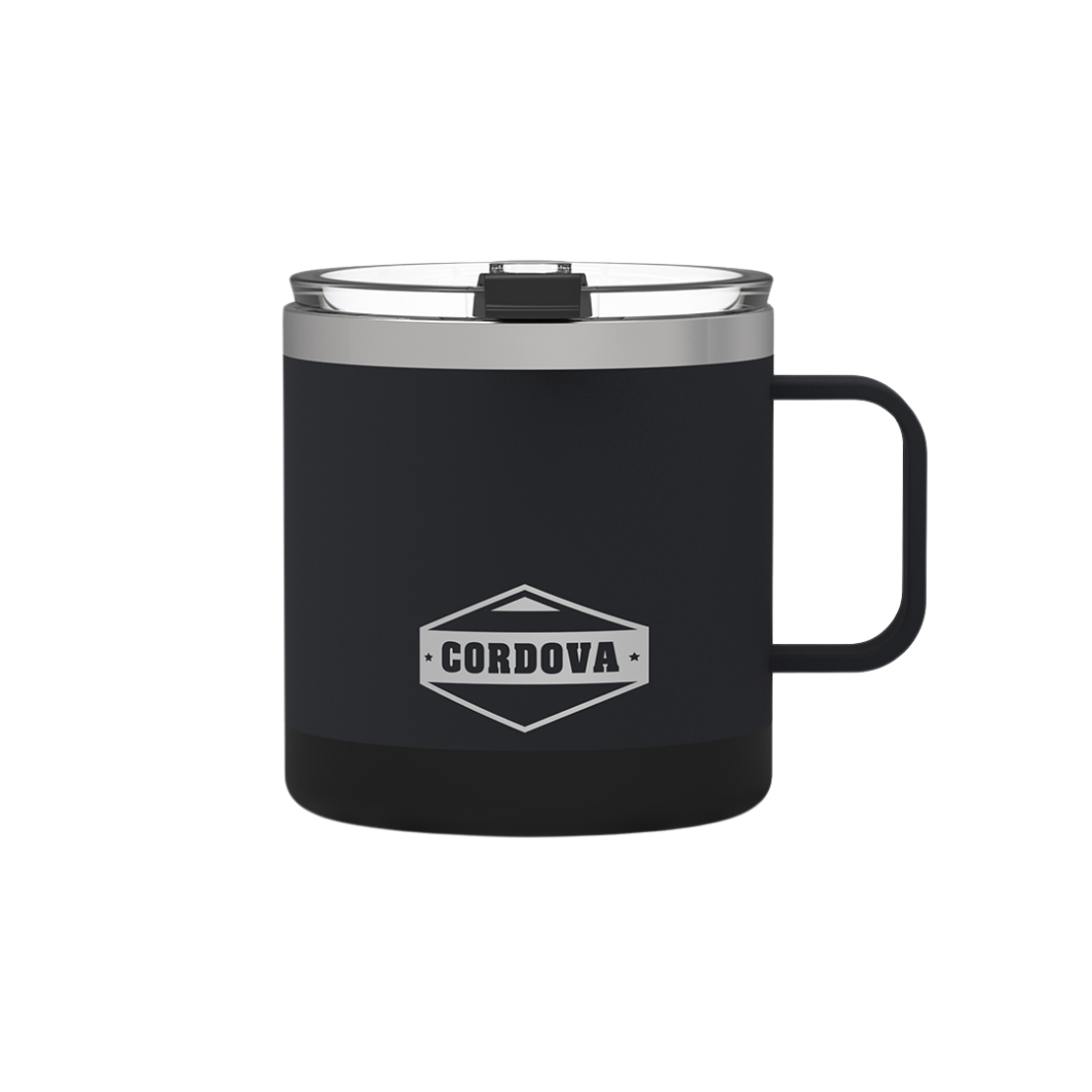 Front view of Trailhead Class insulated 14oz Camp Mug in Obsidian