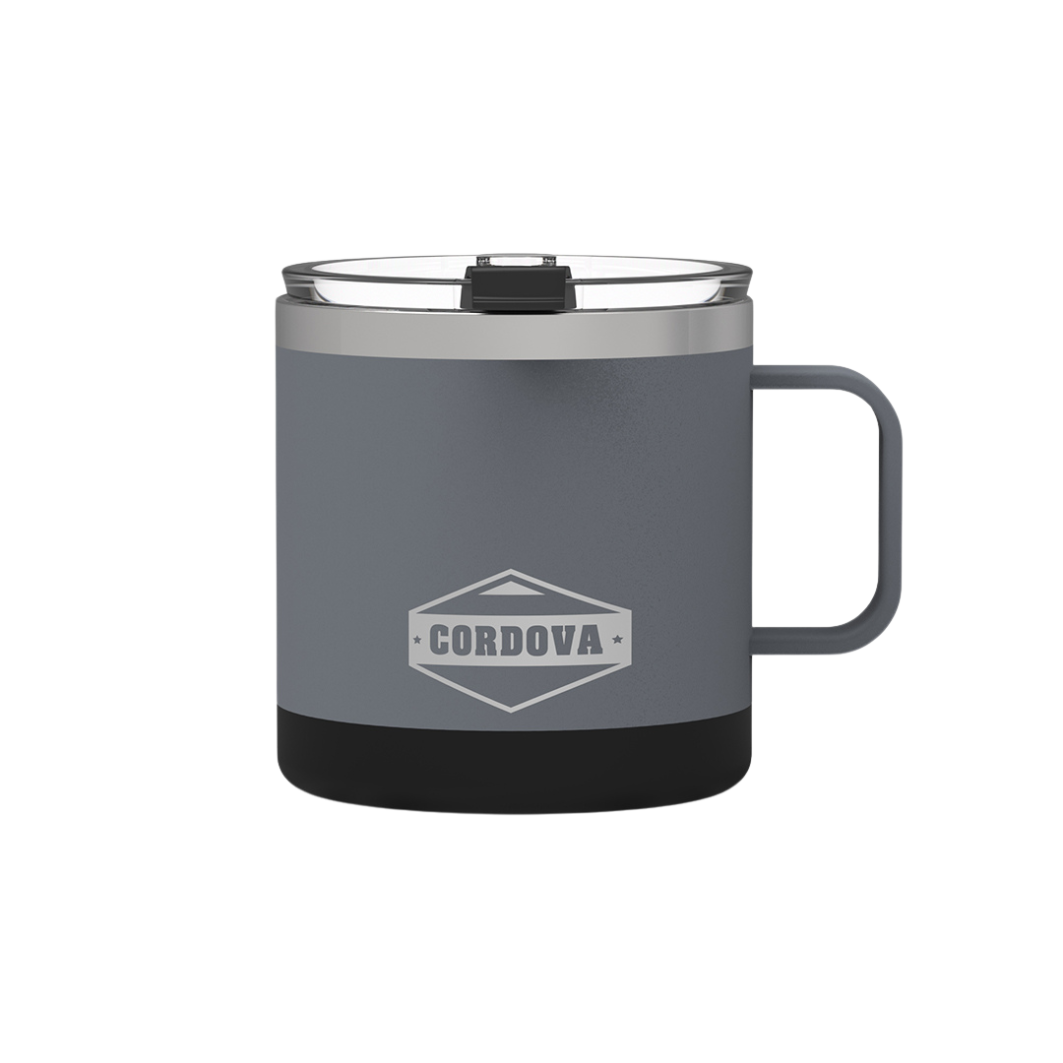 Front view of Trailhead Class insulated 14oz Camp Mug in Scree Gray