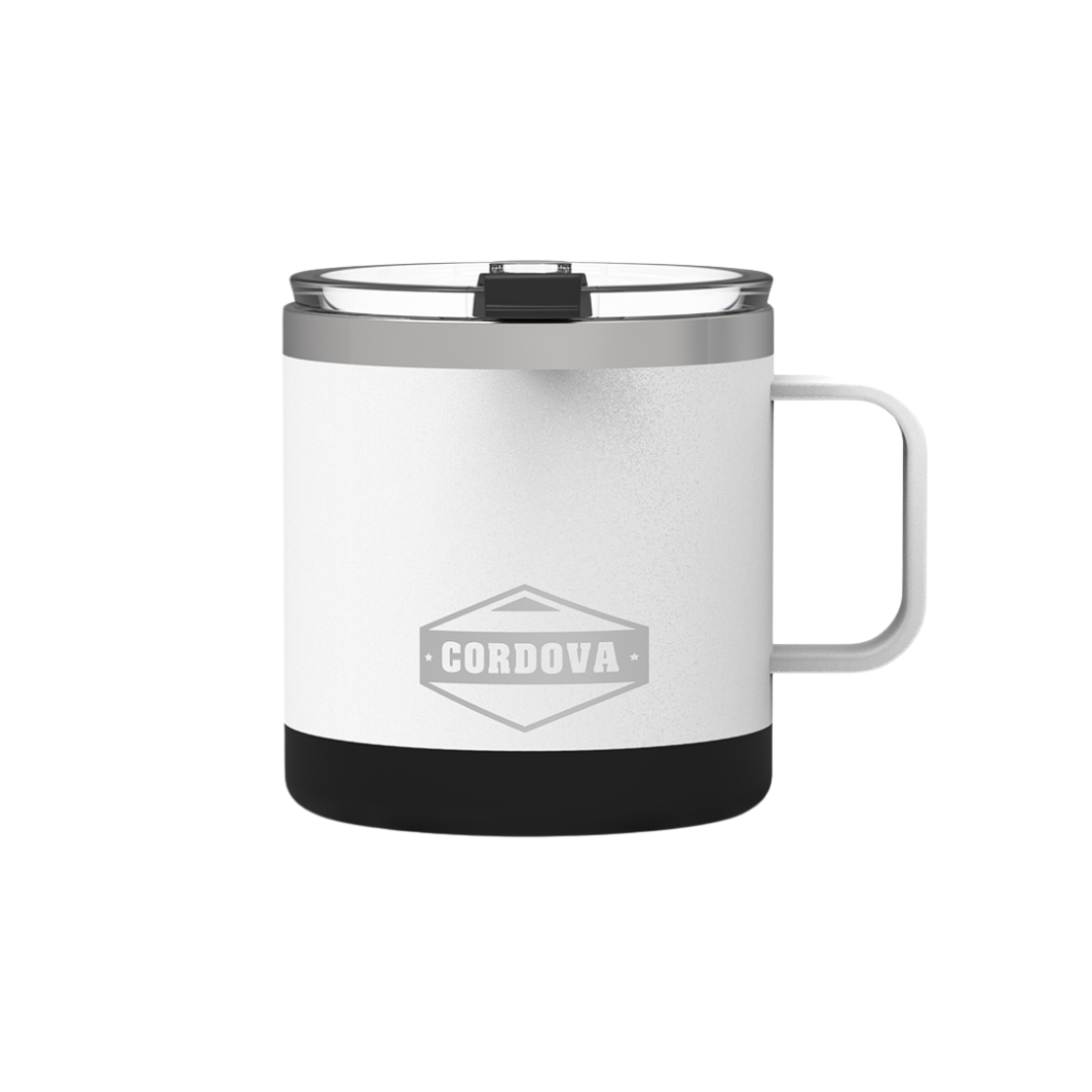 Front view of Trailhead Class insulated 14oz Camp Mug in Snowcap White