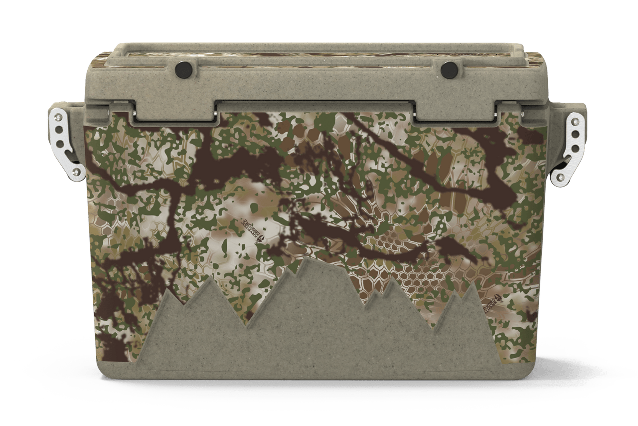 Rear view of 48 qt sandstone Cordova Kryptek Obskura camo hard cooler [48 qt]