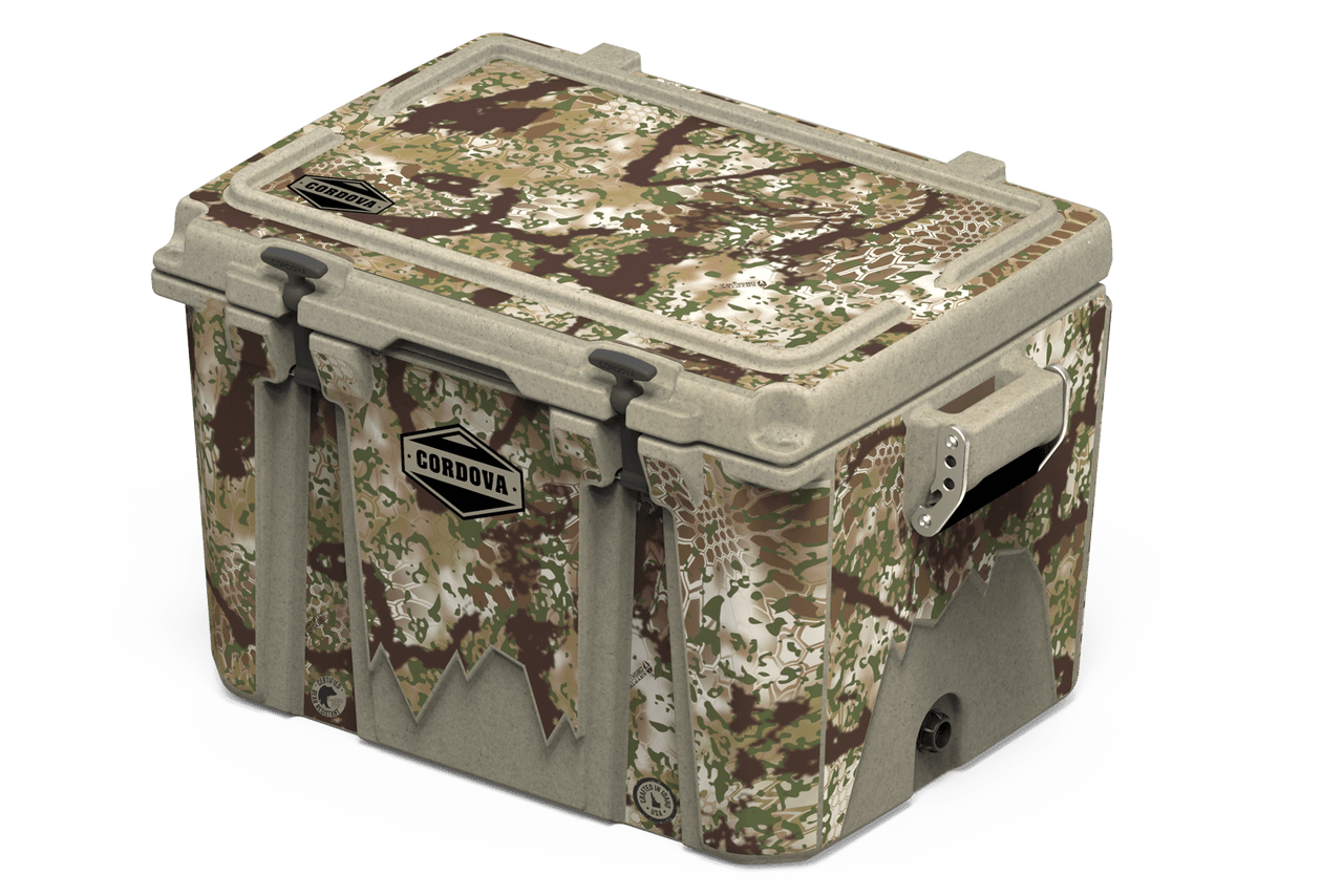 Diagonal view of 48 qt sandstone Cordova Kryptek Obskura camo hard cooler [48 qt]