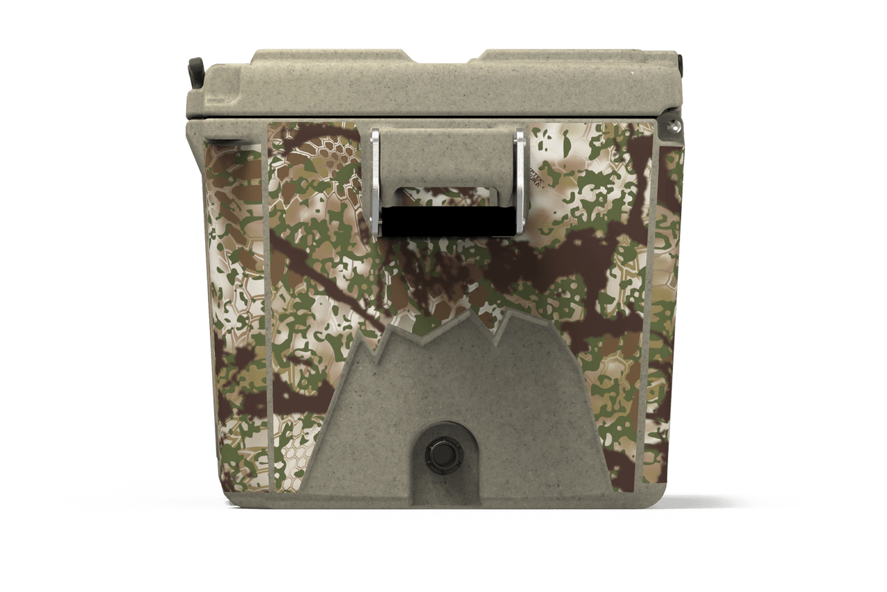 Side view of 48 qt sandstone Cordova Kryptek Obskura camo hard cooler [48 qt]
