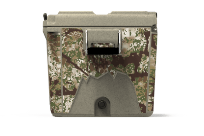 Side view of 48 qt sandstone Cordova Kryptek Obskura camo hard cooler [48 qt]