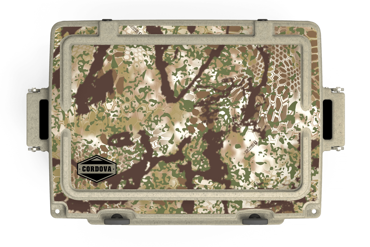 Top view of 48 qt sandstone Cordova Kryptek Obskura camo hard cooler [48 qt]