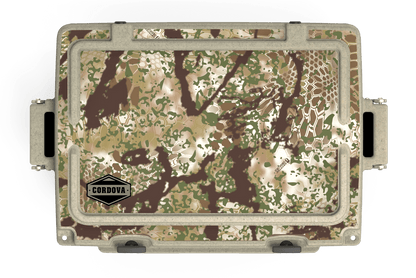 Top view of 48 qt sandstone Cordova Kryptek Obskura camo hard cooler [48 qt]