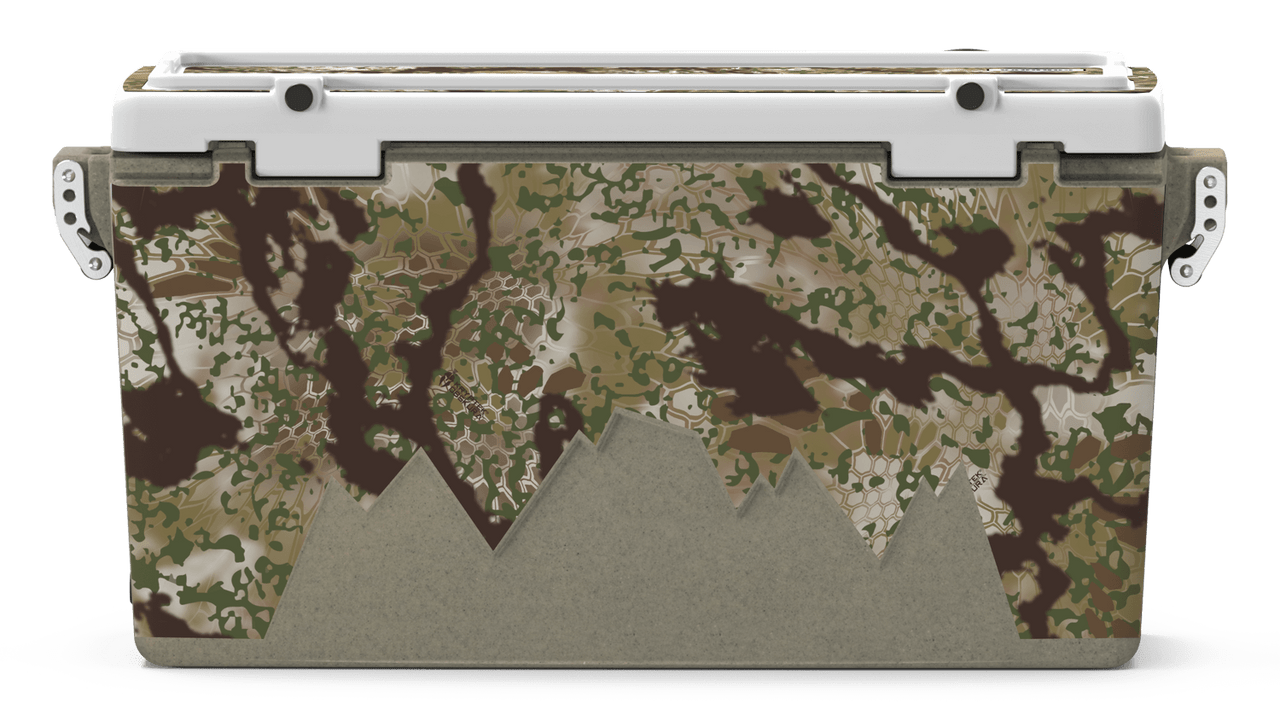 Rear view of 88 qt sandstone Cordova Kryptek Obskura camo hard cooler [88 qt]