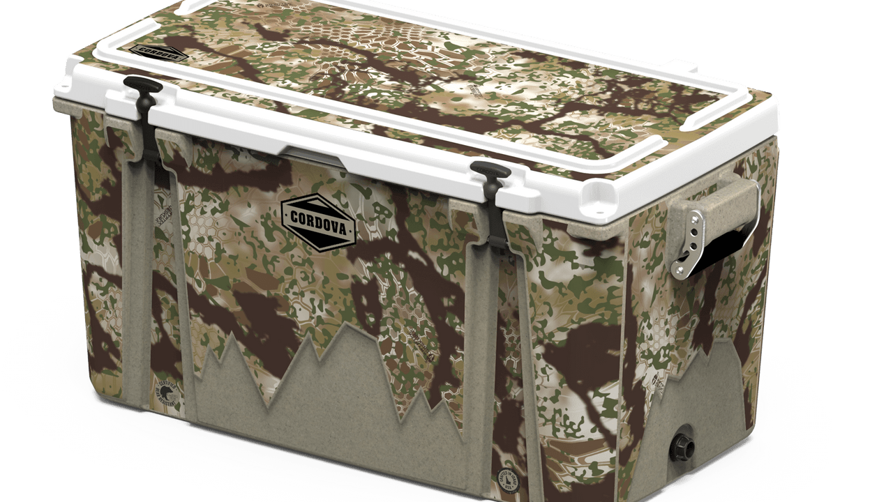 Diagonal view of 88 qt sandstone Cordova Kryptek Obskura camo hard cooler [88 qt]