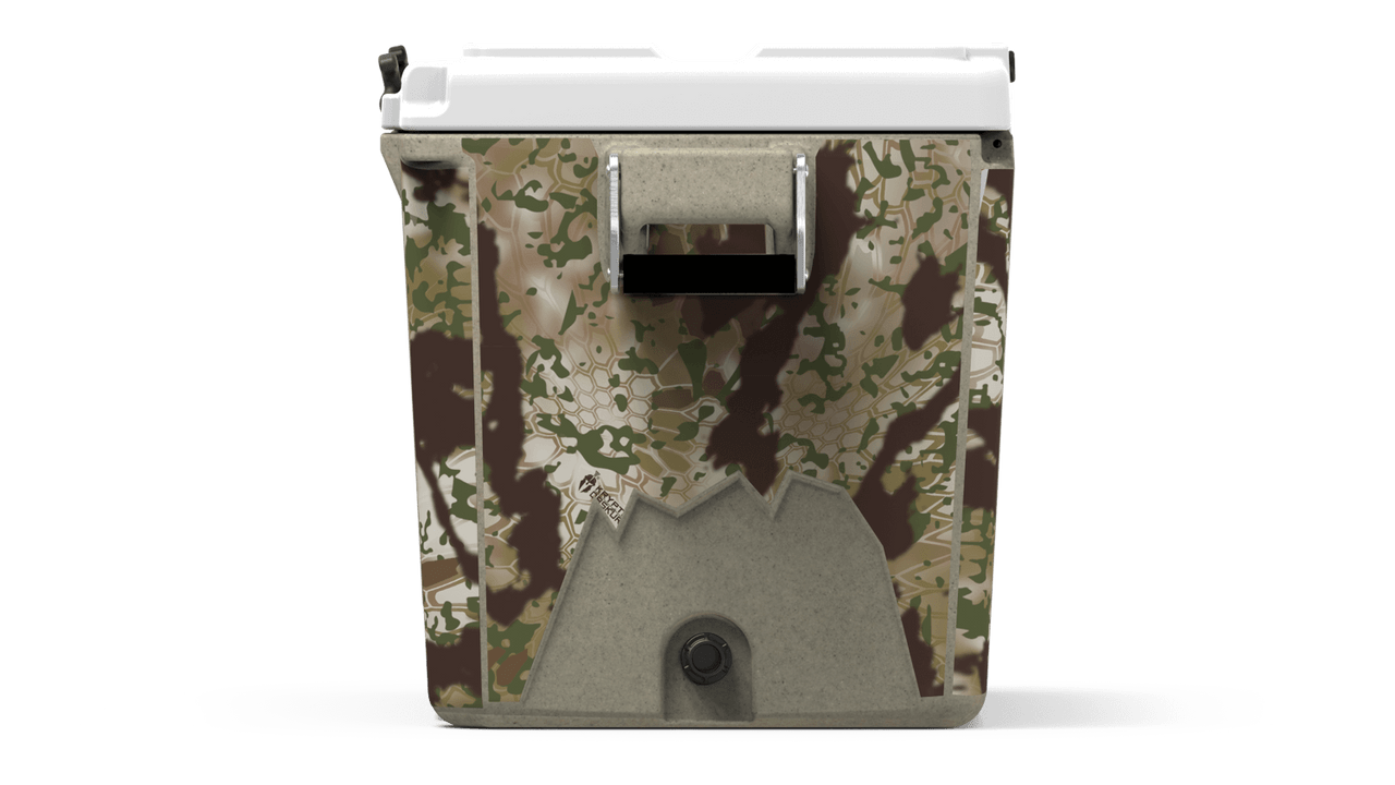 Side view of 48 qt sandstone Cordova Kryptek Obskura camo hard cooler [88 qt]