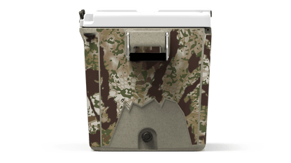 Side view of 48 qt sandstone Cordova Kryptek Obskura camo hard cooler [88 qt]