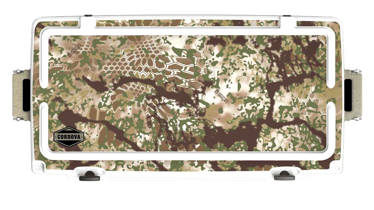 Top view of 88 qt sandstone Cordova Kryptek Obskura camo hard cooler [88 qt]