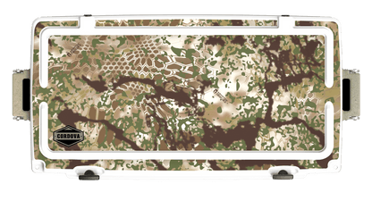 Top view of 88 qt sandstone Cordova Kryptek Obskura camo hard cooler [88 qt]