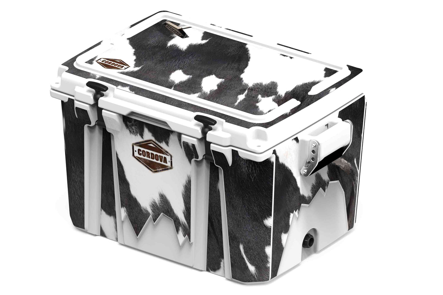 [Black and White Longhorn] 48 qt Diagonal view of 48 qt black and white cow print cooler