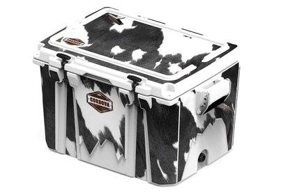 [Black and White Longhorn] 48 qt Diagonal view of 48 qt black and white cow print cooler