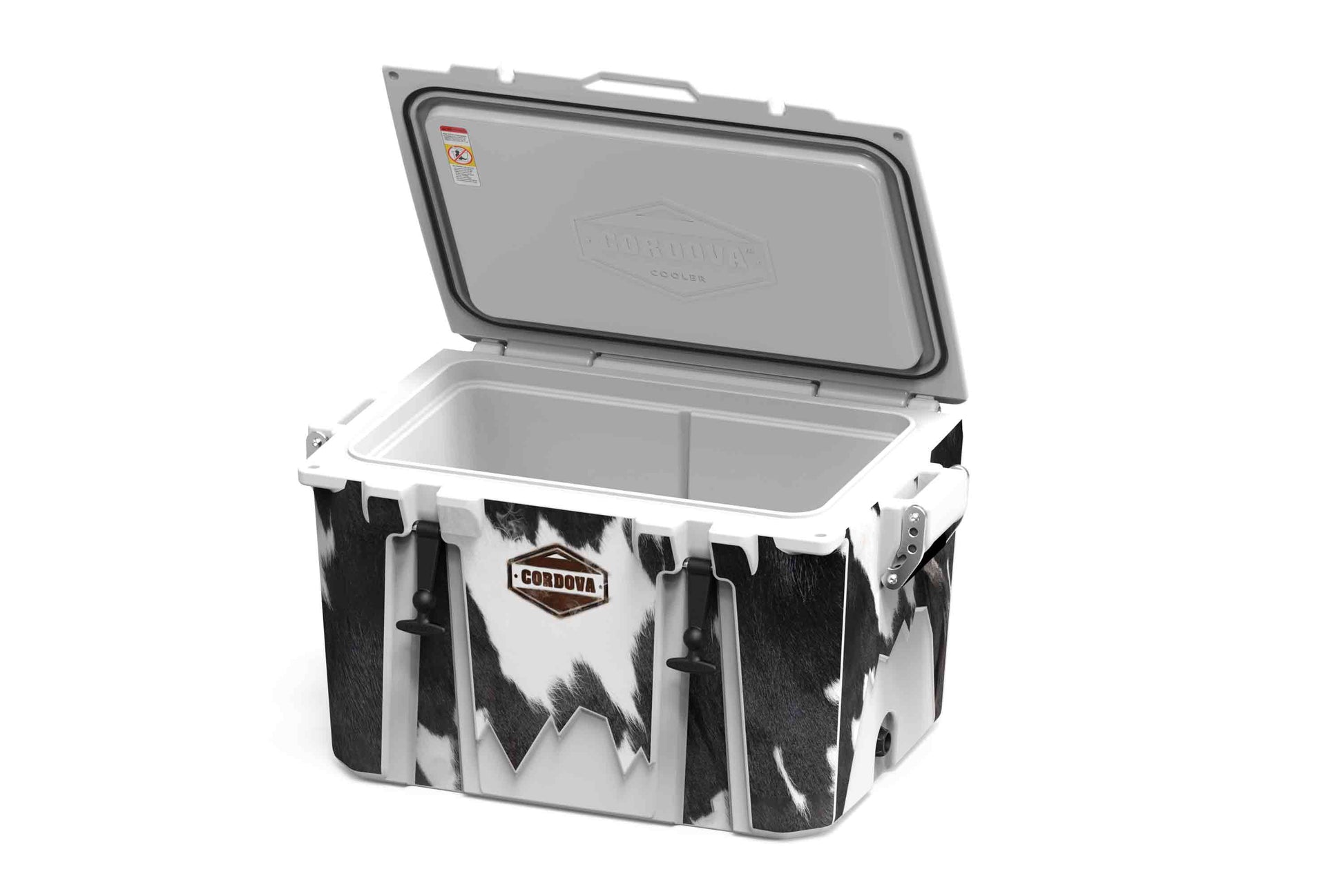 [Black and White Longhorn] 48 qt black and white cow print hard cooler with the lid opened