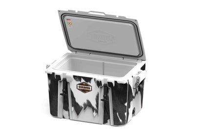 [Black and White Longhorn] 48 qt black and white cow print hard cooler with the lid opened