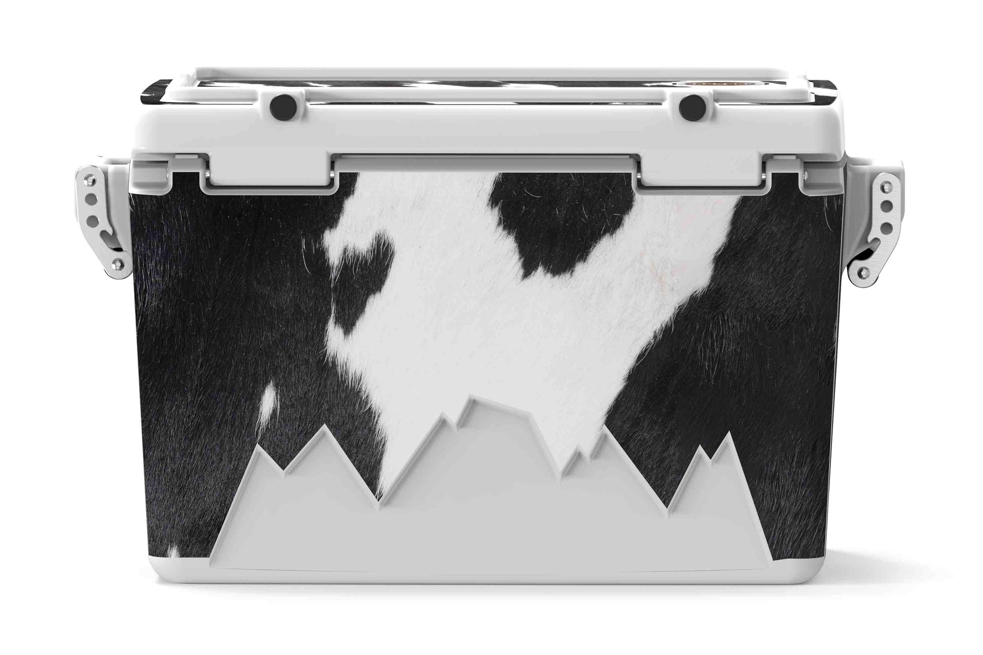 [Black and White Longhorn] 48 qt Back view of 48 qt black and white cowhide hard cooler