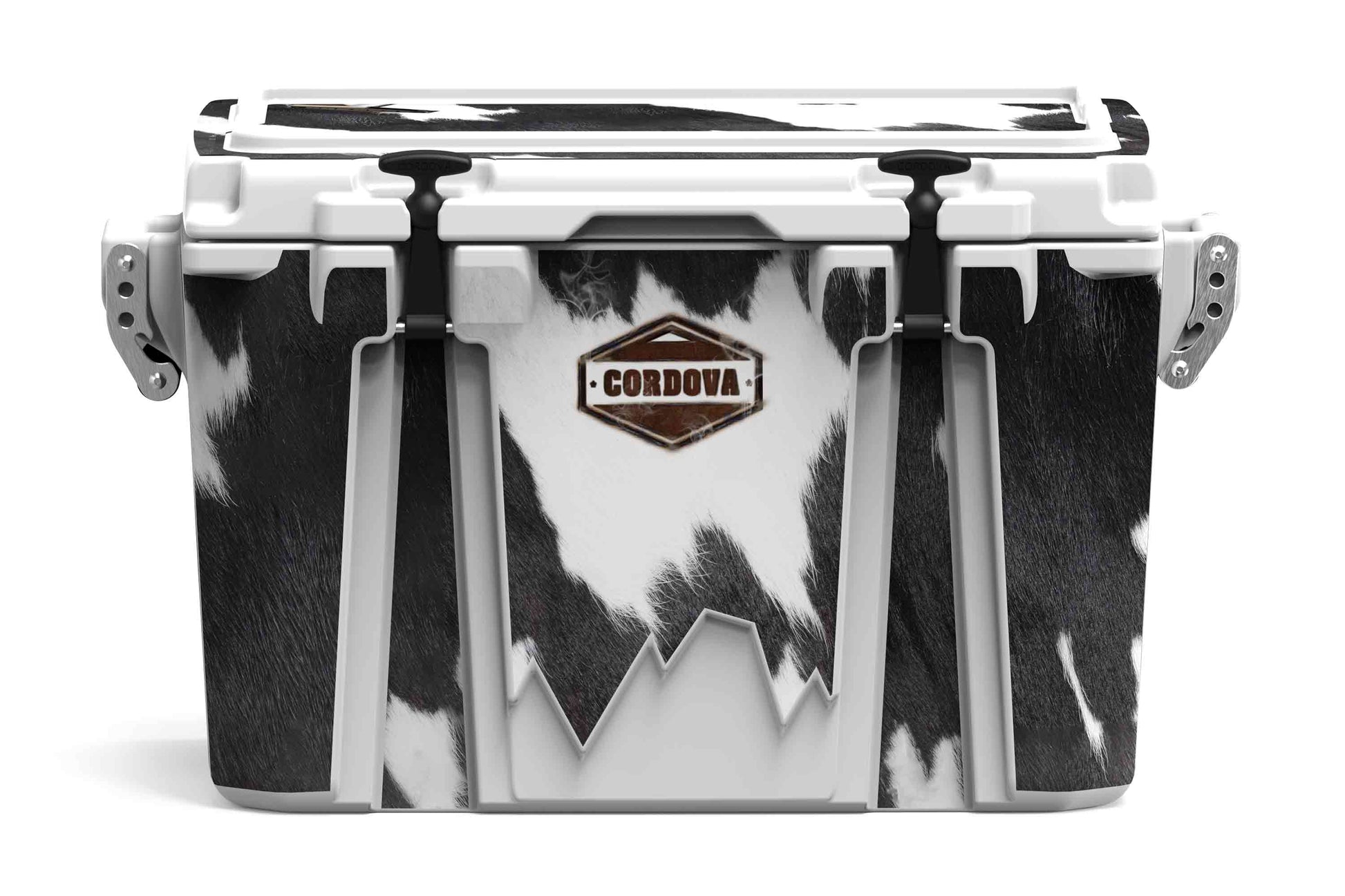 [Black and White Longhorn] 48 qt Front view of 48 qt black and white cow print cooler