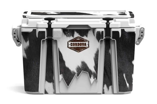 [Black and White Longhorn] 48 qt Front view of 48 qt black and white cow print cooler