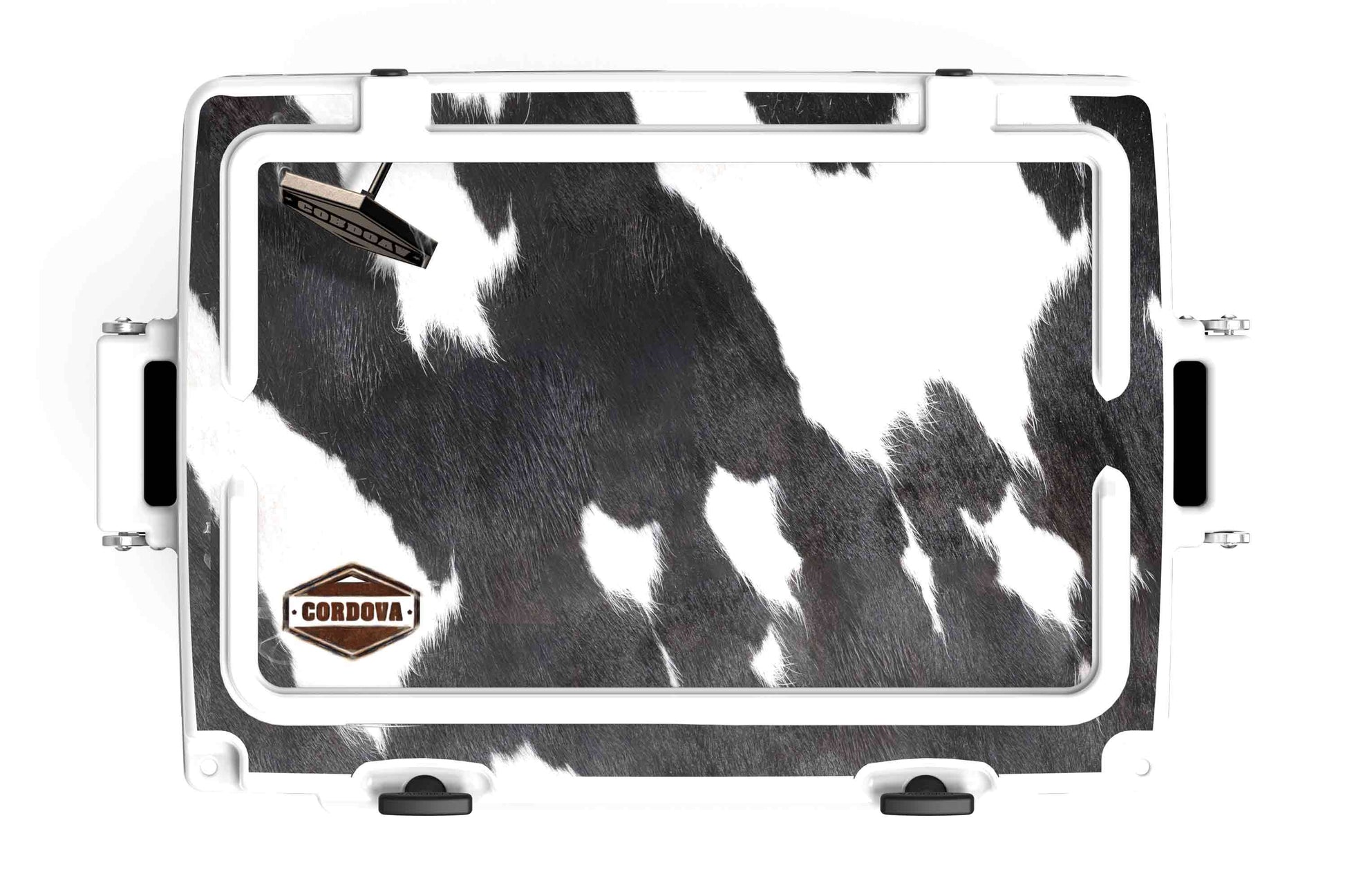 [Black and White Longhorn] 48 qt Top view of 48 qt black and white cow print cooler