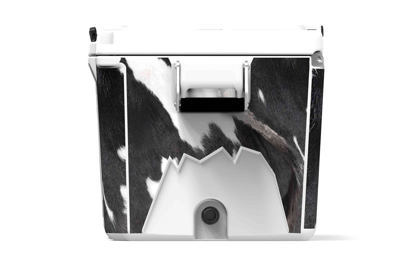 [Black and White Longhorn] Side view of 48 qt black and white cow print cooler