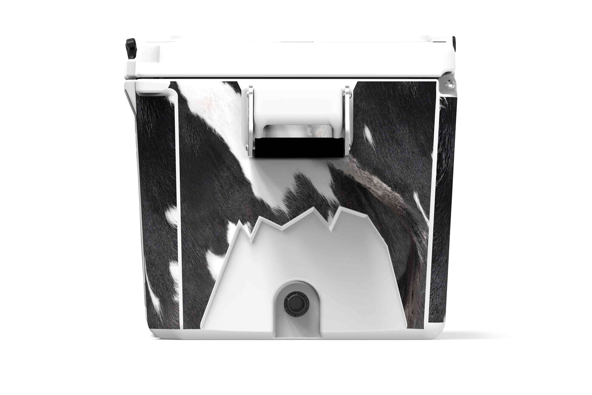 [Black and White Longhorn] Side view of 48 qt black and white cow print cooler