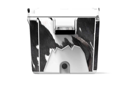 [Black and White Longhorn] Side view of 48 qt black and white cow print cooler