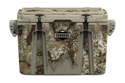 Front view of 48 qt sandstone Cordova Kryptek Obskura camo hard cooler [48 qt]
