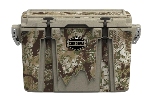 Front view of 48 qt sandstone Cordova Kryptek Obskura camo hard cooler [48 qt]
