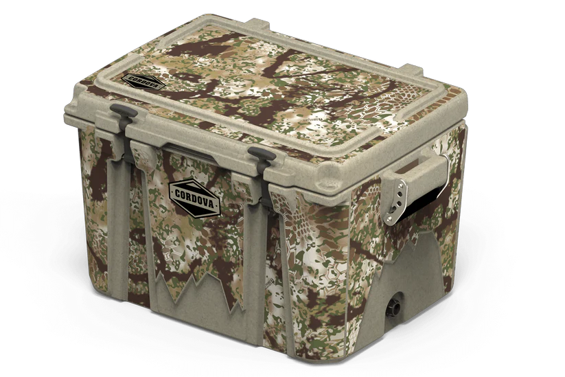 Diagonal view of 48 qt sandstone Cordova Kryptek Obskura camo hard cooler [48 qt]