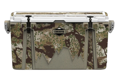 Front view of 88 qt sandstone Cordova Kryptek Obskura camo hard cooler [88 qt]
