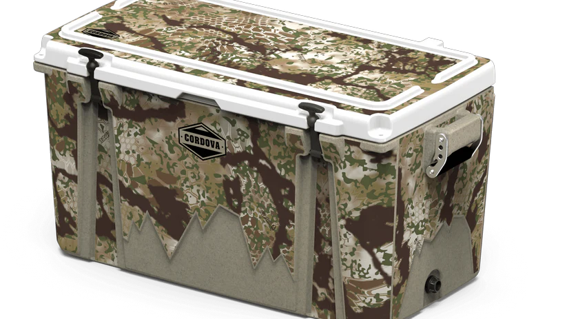 Diagonal view of 88 qt sandstone Cordova Kryptek Obskura camo hard cooler [88 qt]
