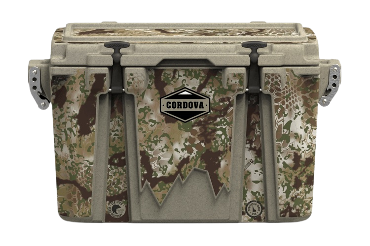 Front view of 48 qt sandstone Cordova Kryptek Obskura camo hard cooler [48 qt]