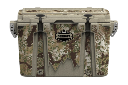 Front view of 48 qt sandstone Cordova Kryptek Obskura camo hard cooler [48 qt]