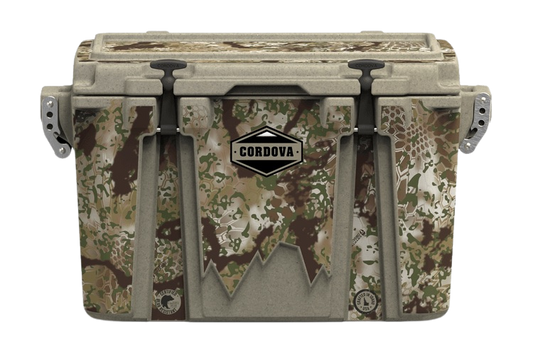 Front view of 48 qt sandstone Cordova Kryptek Obskura camo hard cooler [48 qt]