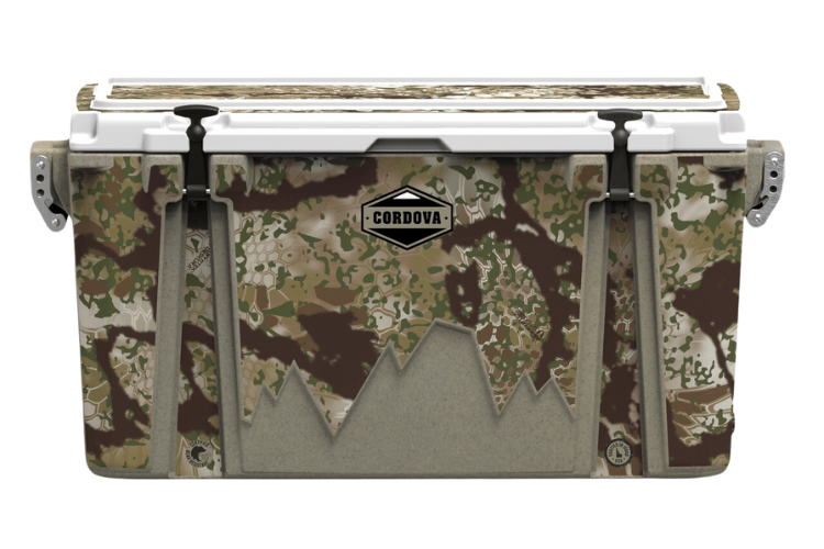 Front view of 88 qt sandstone Cordova Kryptek Obskura camo hard cooler [88 qt]