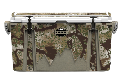 Front view of 88 qt sandstone Cordova Kryptek Obskura camo hard cooler [88 qt]